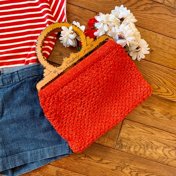 Vintage Woven Crochet Bag with Wood Handles - Picture 2 of 5